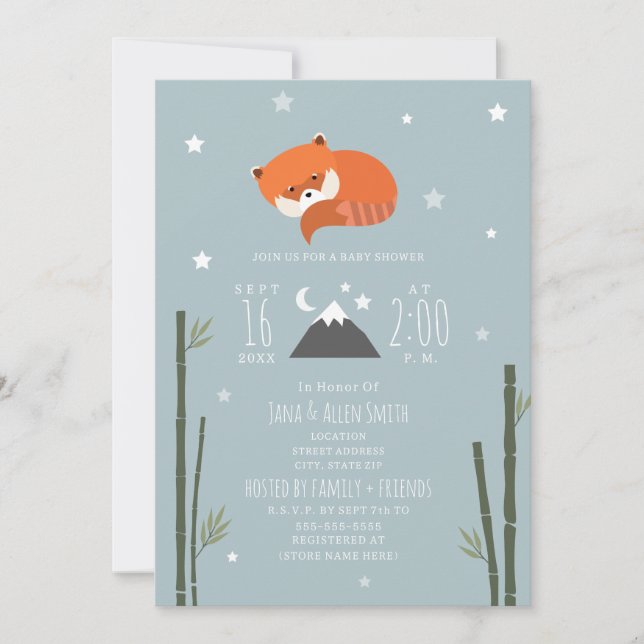 Sleepy Red Panda Bamboo Blue Boy Baby Shower Invitation (Front)