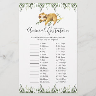 Sleepy Sloth Baby Shower Animal Gestation Game