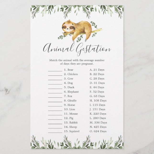 Sleepy Sloth Baby Shower Animal Gestation Game (Front)