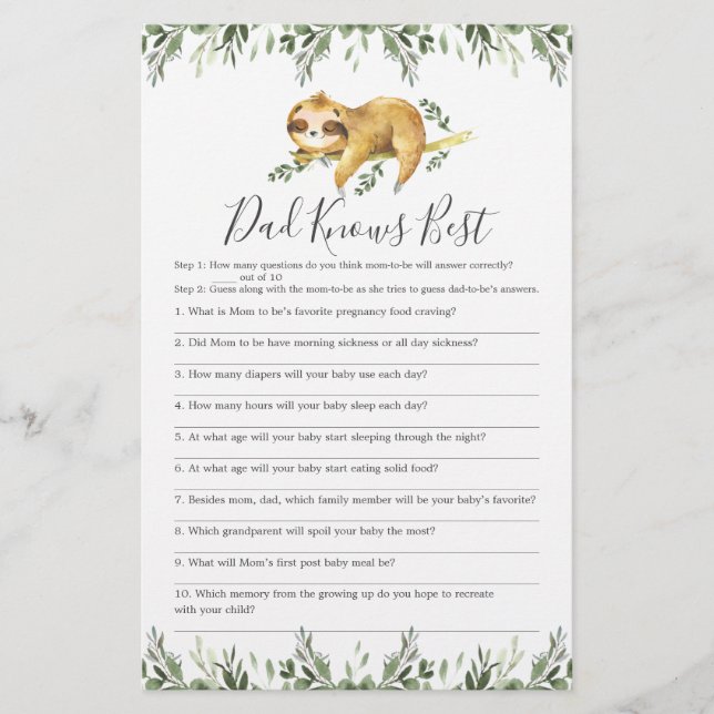 Sleepy Sloth Baby Shower Dad Knows Best Game (Front)