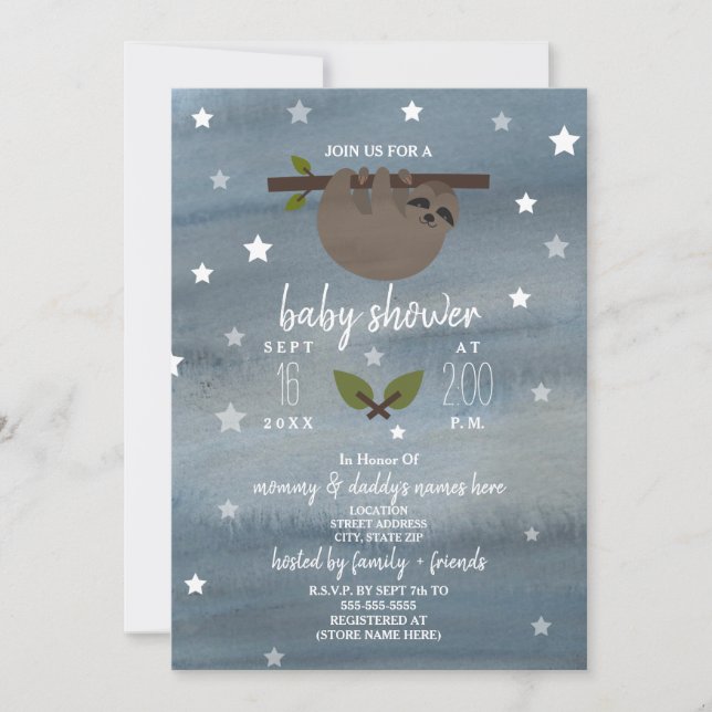 Sleepy Sloth Watercolor Stars Baby Shower Invitation (Front)