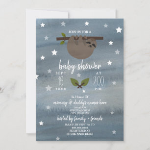 Sleepy Sloth Watercolor Stars Baby Shower Invitation