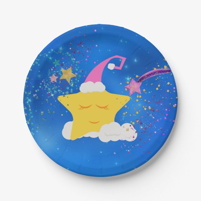 Sleepy Star Blue Starry Sky Paper Plates (Front)