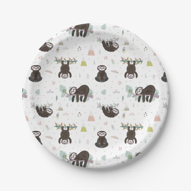 Sleepy Sweet Sloth Pattern Paper Plates (Front)