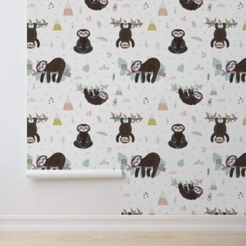 Sleepy Sweet Sloth Pattern Wallpaper