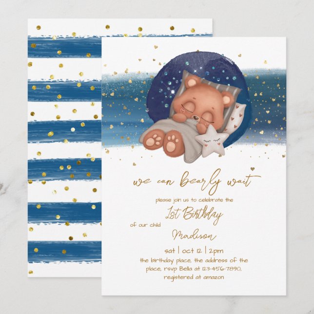 Sleepy Teddy Bear Baby Boy First Birthday Invitati Invitation (Front/Back)