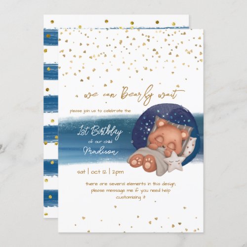 Sleepy Teddy Bear Baby Boy First Birthday Invitati Invitation