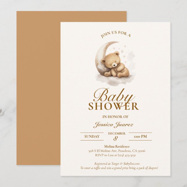 Sleepy Teddy Bear Neutral Baby Shower Invitation (Front/Back)