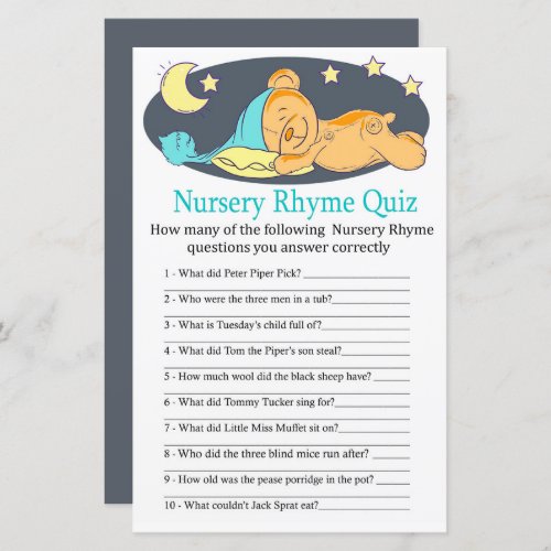 Sleepy teddy bear Nursery Rhyme Quiz baby shower g