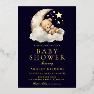 Sleepy Teddy Bear on Moon Baby Shower Gold Foil Invitation