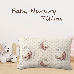 Sleepy Teddy Bear on Moon Heart Pattern Nursery Lumbar Pillow