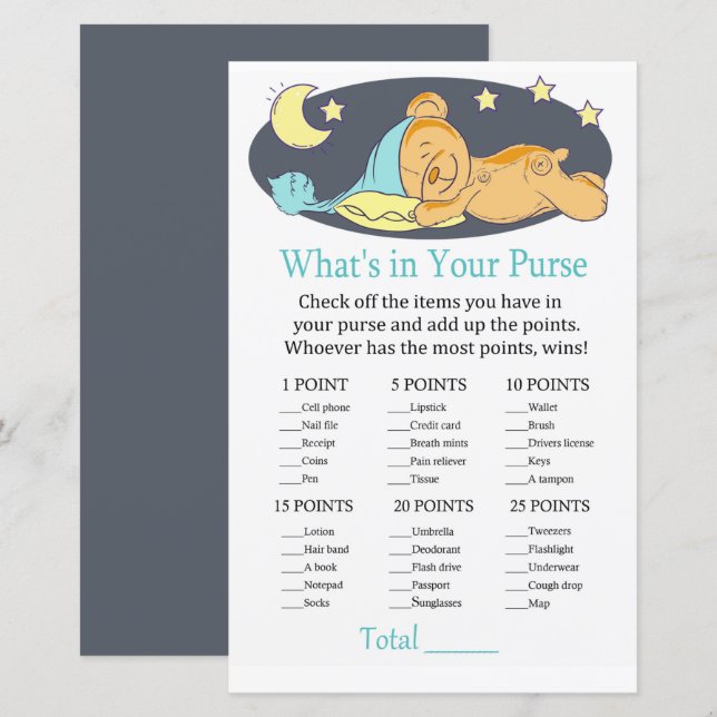 Sleepy teddy bear What's in your purse game (Front/Back)