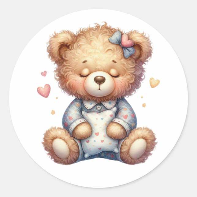 sleepy teddy bear with pillow classic round sticker (Front)