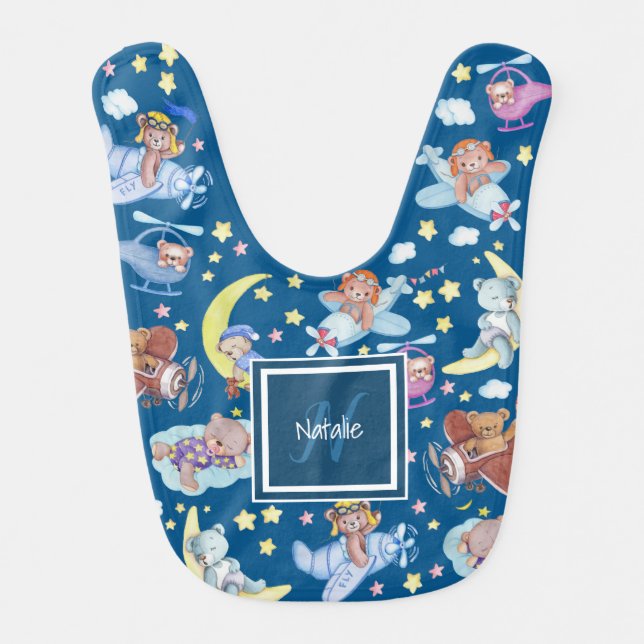 Sleepy Teddy Bears Dreaming of Flying Airplanes Baby Bib (Front)