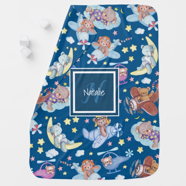 Sleepy Teddy Bears Dreaming of Flying Airplanes Baby Blanket (In Situ)