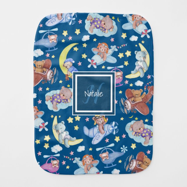 Sleepy Teddy Bears Dreaming of Flying Airplanes Baby Burp Cloth (Front)
