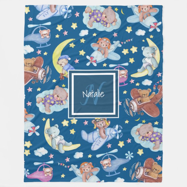 Sleepy Teddy Bears Dreaming of Flying Airplanes Fleece Blanket (Front)