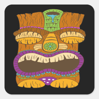Sleepy Tiki Statue with Open Mouth, Funny Black Square Sticker