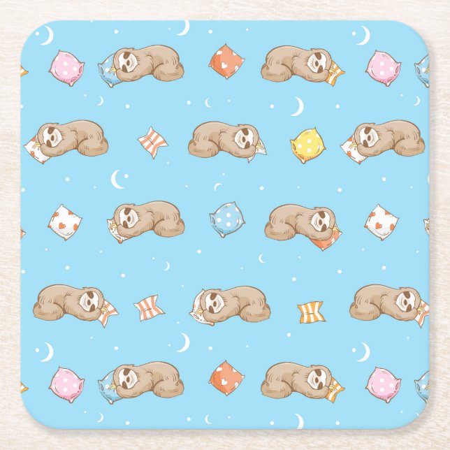 Sleepy Time Sloth Pattern Square Paper Coaster (Front)