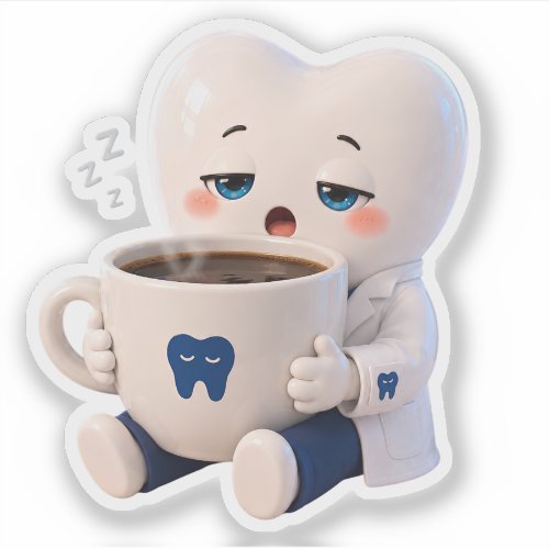 Sleepy Tooth Drinking Coffee Funny Dentist Sticker