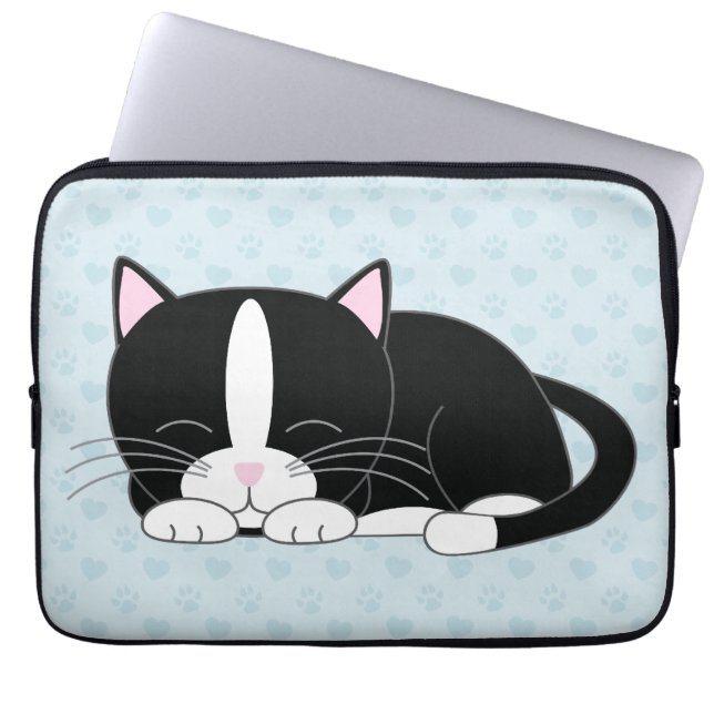 Sleepy Tuxedo Cat {blue} Laptop Sleeve (Front)