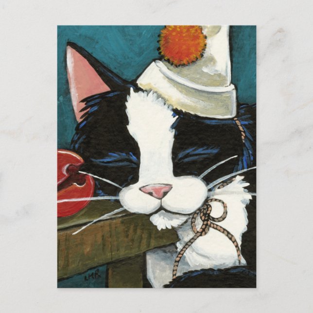 Sleepy Tuxedo Cat Clown Postcard (Front)