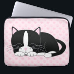 Sleepy Tuxedo Cat {pink} Laptop Sleeve<br><div class="desc">Custom computer sleeve featuring an adorable illustration of a cute bicolor kitten taking a nap on a hearts and paw prints pattern background.</div>