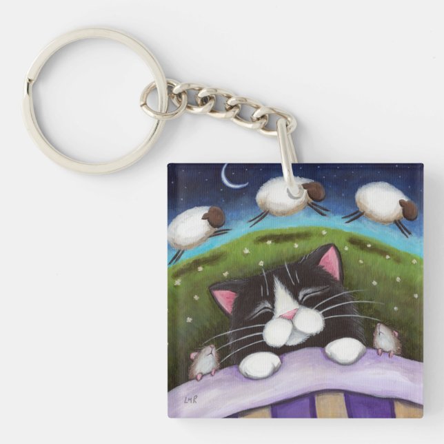 Sleepy Tuxedo Cat with Mice & Sheep | Fantasy Keychain (Front)