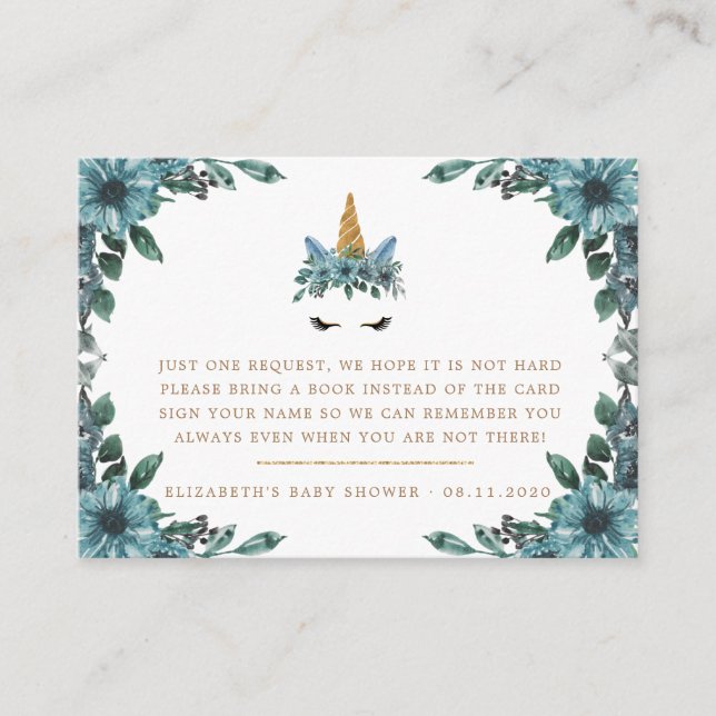 sleepy unicorn blue floral baby shower enclosure card (Front)