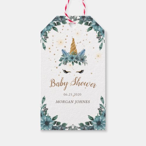 sleepy unicorn blue floral baby shower monogram gift tags