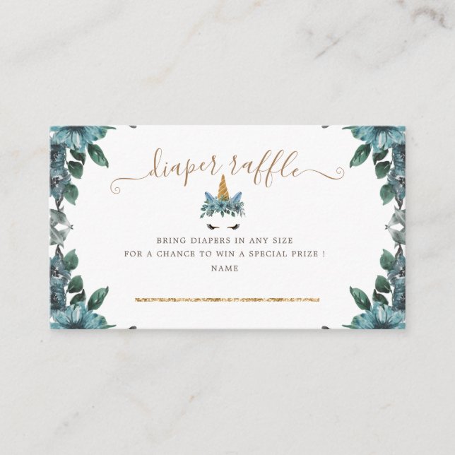 sleepy unicorn blue floral diaper raffle ticket enclosure card (Front)