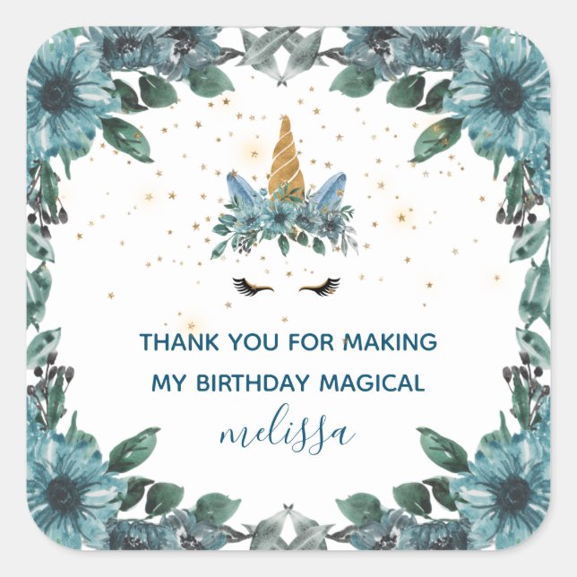 sleepy unicorn blue floral thank you Sticker (Front)