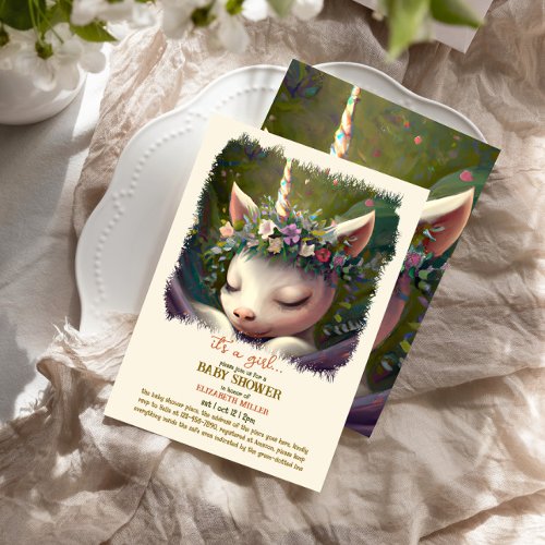 Sleepy Unicorn Digital Painting Baby Girl Shower Invitation