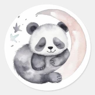 Sleepy Watercolor Moon Baby Panda Bear Classic Round Sticker