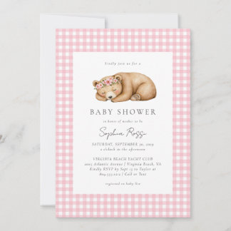 Sleepy Watercolor Woodland Bear Baby Shower Invitation