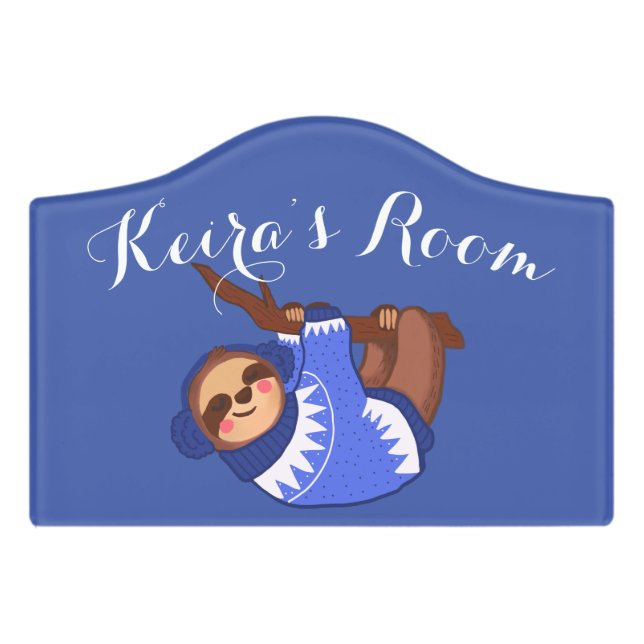 Sleepy Winter Sloth in Perwinkle  Door Sign (Small Crest Front)