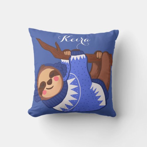 Sleepy Winter Sloth in Perwinkle  Throw Pillow
