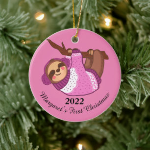 Sleepy Winter Sloth in Pink Ceramic Ornament