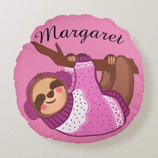 Sleepy Winter Sloth in Pink  Round Pillow (Front)