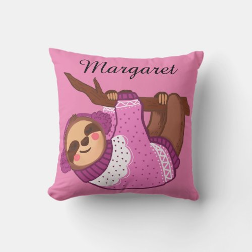 Sleepy Winter Sloth Pink Throw Pillow