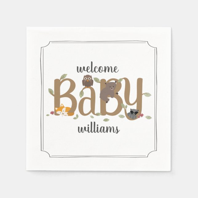 Sleepy Woodland Animals Baby Shower Napkins (Front)