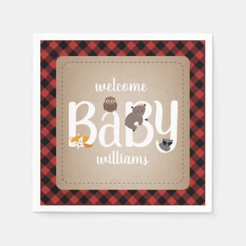 Sleepy Woodland Animals Plaid Baby Shower Napkins