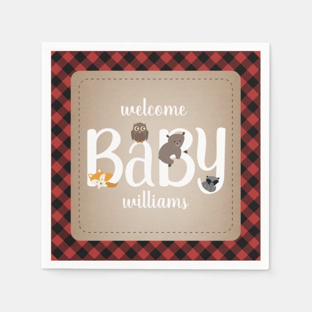 Sleepy Woodland Animals Plaid Baby Shower Napkins (Front)