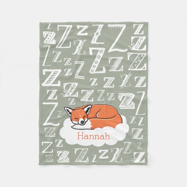 Sleepy Woodland Fox Zzz, Personalized Child's Name Fleece Blanket (Front)