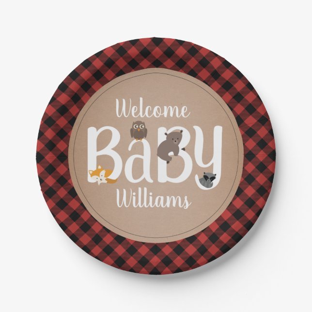 Sleepy Woodland Plaid Baby Shower Paper Plates (Front)