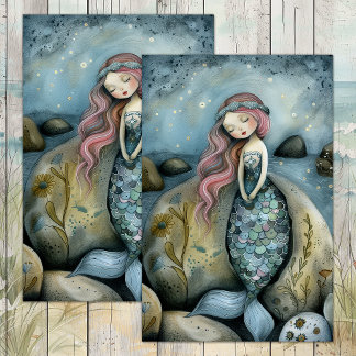 SLEEPY YOUNG MERMAID GIRL DECOUPAGE TISSUE PAPER