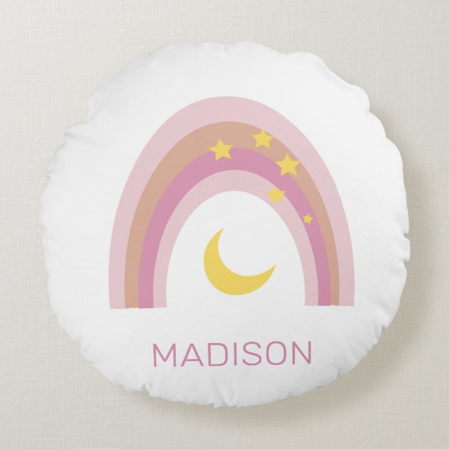 'Sleepytime Rainbow', Girls Cute Boho Pink custom  Round Pillow (Front)