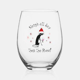 Sleigh All Day Then Rosé Funny Christmas Stemless Wine Glass
