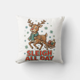 Sleigh All Day Vintage Reindeer Christmas Retro Throw Pillow