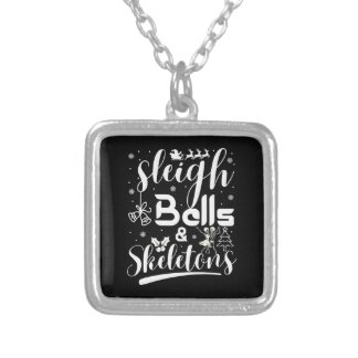 Sleigh bells & skeletons dancing funny christmas silver plated necklace